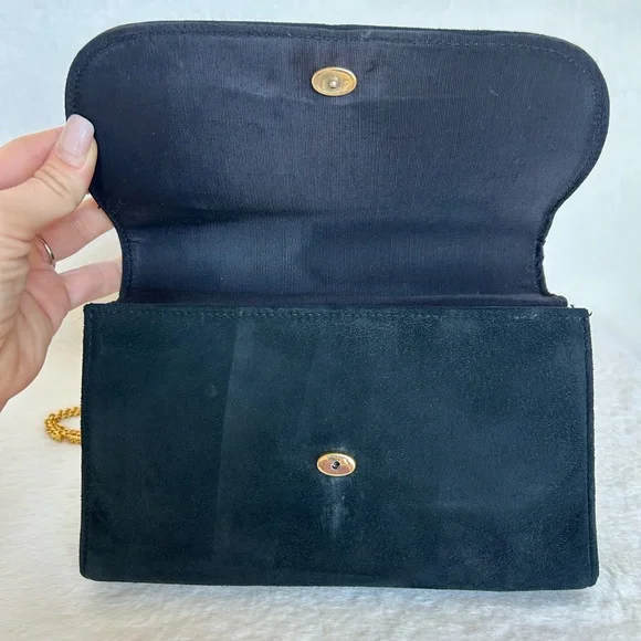 Vintage 1960 Meyers Made in USA Black Suede Gold Chain Strap Shoulder Bag Purse - Picture 6 of 12